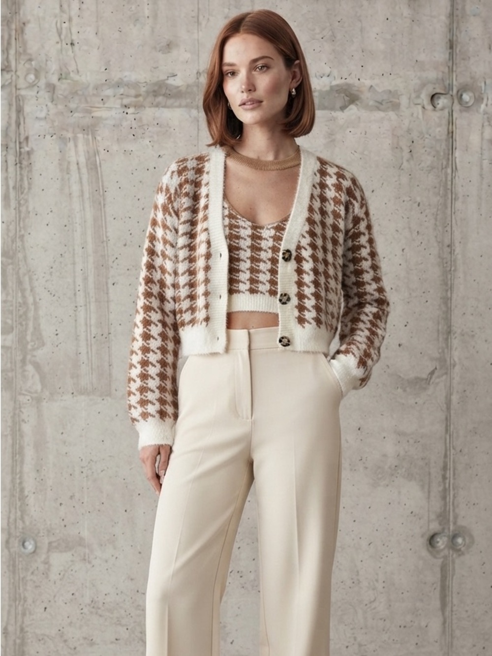 2 Piece Set: Brown & White Fuzzy Houndstooth Cropped Cardigan & Cami Size Small